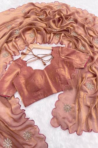 Rust fendy satin embroidered beads work saree with unstitched blouse