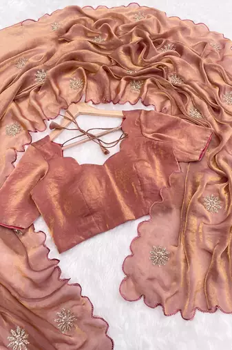 Rust fendy satin embroidered beads work saree with unstitched blouse