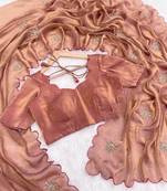 Rust fendy satin embroidered beads work saree with unstitched blouse