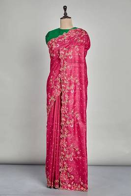 pink vichitra silk blend embroidered saree 3