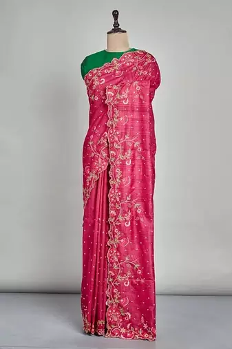 pink vichitra silk blend embroidered saree