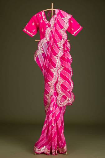 pink vichitra silk blend embroidered leheriya saree