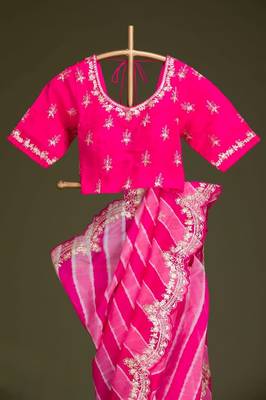 pink vichitra silk blend embroidered leheriya saree 2