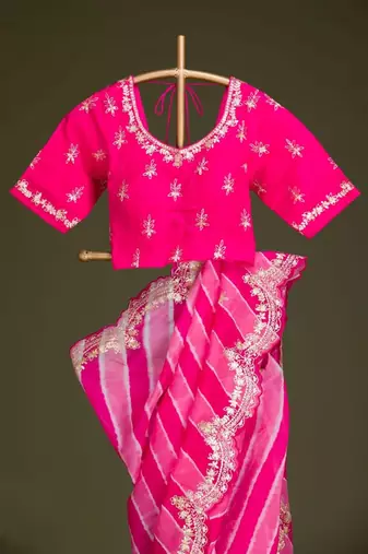 pink vichitra silk blend embroidered leheriya saree