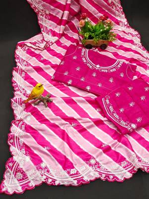 pink vichitra silk blend embroidered leheriya saree 3