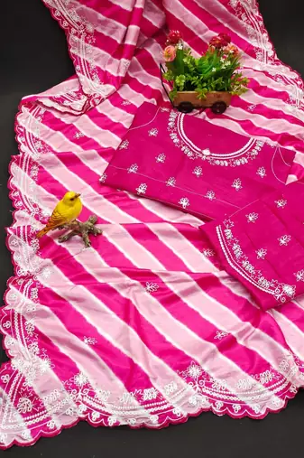 pink vichitra silk blend embroidered leheriya saree