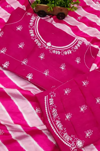pink vichitra silk blend embroidered leheriya saree