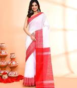white and red cotton saree with running blouse