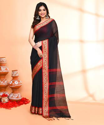 black red cotton saree with running blouse 1
