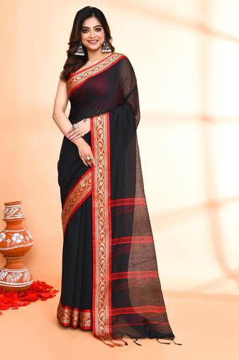black red cotton saree with running blouse