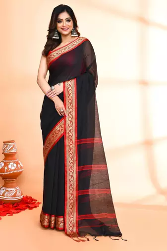 black red cotton saree with running blouse