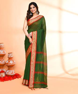 green and red cotton saree with running blouse 1