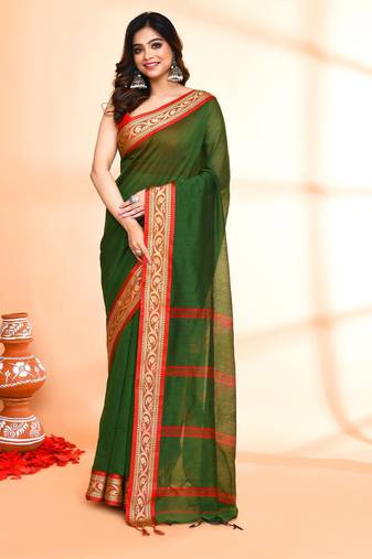 green and red cotton saree with running blouse