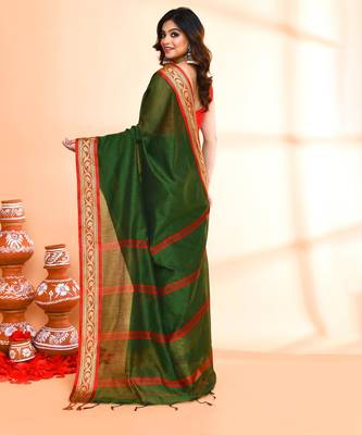 green and red cotton saree with running blouse 2