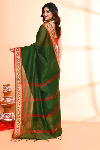 green and red cotton saree with running blouse