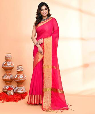 pink cotton saree with running blouse 1