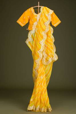 yellow vichitra silk blend embroidered leheriya saree 1