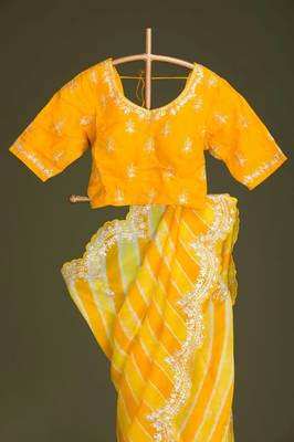 yellow vichitra silk blend embroidered leheriya saree 2