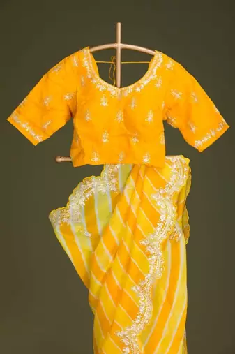 yellow vichitra silk blend embroidered leheriya saree