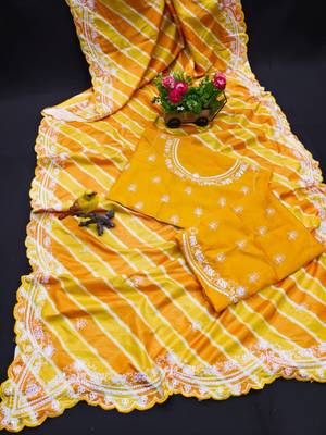 yellow vichitra silk blend embroidered leheriya saree 3