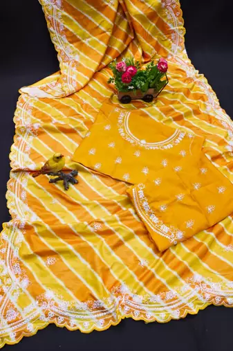 yellow vichitra silk blend embroidered leheriya saree