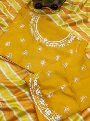 yellow vichitra silk blend embroidered leheriya saree 4