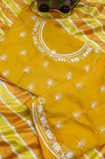 yellow vichitra silk blend embroidered leheriya saree