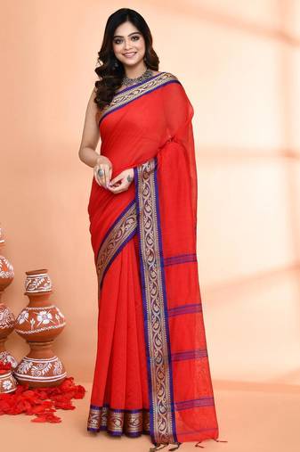red and blue cotton saree with running blouse