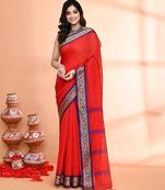 red and blue cotton saree with running blouse