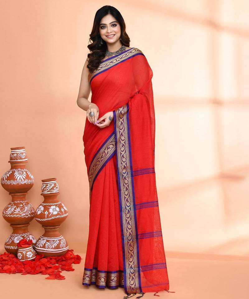 red and blue cotton saree with running blouse