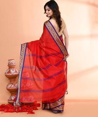 red and blue cotton saree with running blouse 2