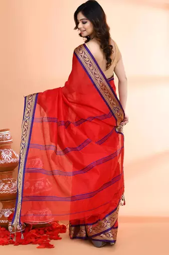 red and blue cotton saree with running blouse