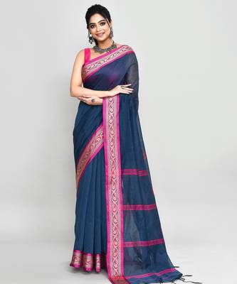 blue and pink cotton saree with running blouse 1