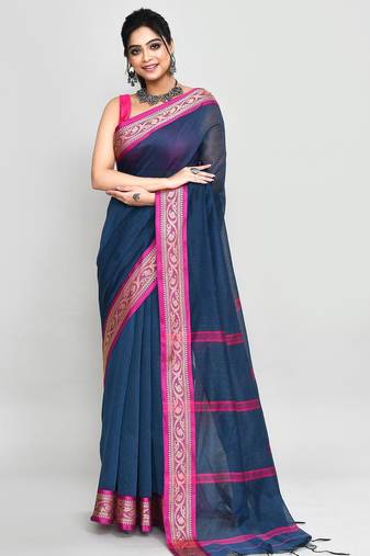 blue and pink cotton saree with running blouse
