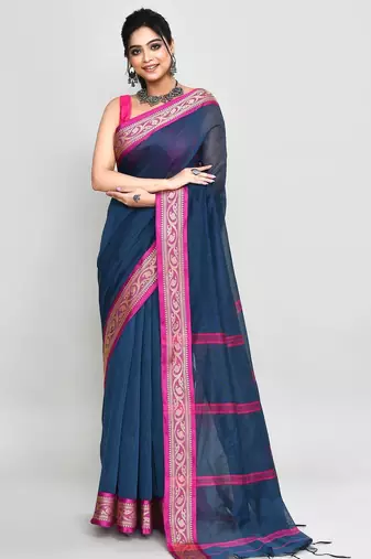 blue and pink cotton saree with running blouse
