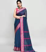blue and pink cotton saree with running blouse