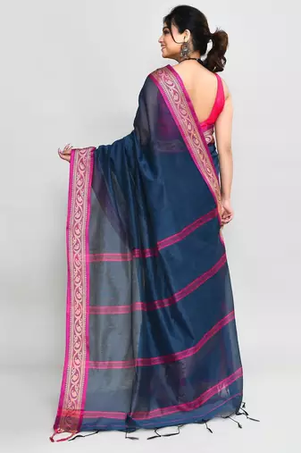 blue and pink cotton saree with running blouse