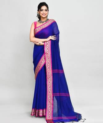 blue and pink cotton saree with running blouse 1