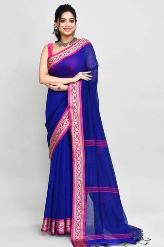 blue and pink cotton saree with running blouse