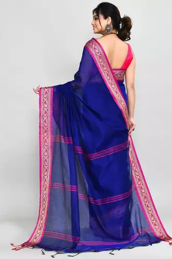 blue and pink cotton saree with running blouse