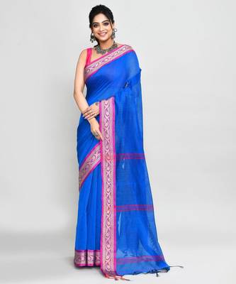 blue and pink cotton saree with running blouse 1