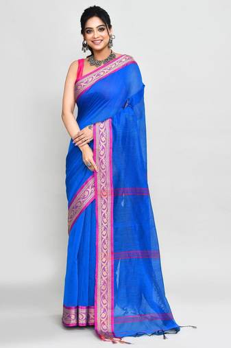 blue and pink cotton saree with running blouse