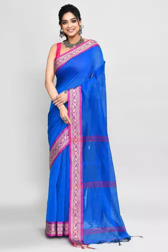 blue and pink cotton saree with running blouse