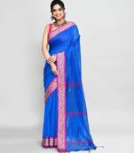 blue and pink cotton saree with running blouse