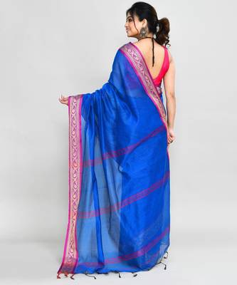 blue and pink cotton saree with running blouse 2