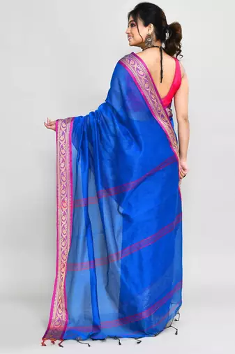 blue and pink cotton saree with running blouse