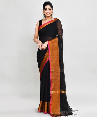 black and pink cotton saree with running blouse 1