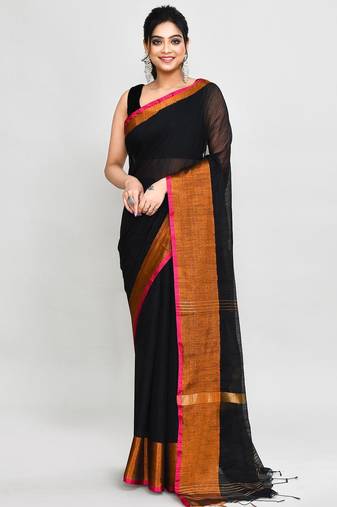 black and pink cotton saree with running blouse