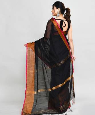 black and pink cotton saree with running blouse 2