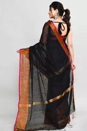 black and pink cotton saree with running blouse